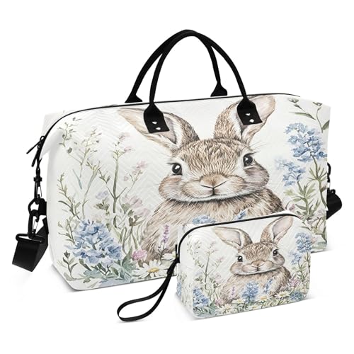 Cute Little Bunny Wildflowers Travel Duffel Bags Carry on Weekender Overnight Bag Large for Airplane with Toiletry Bag for Men Women