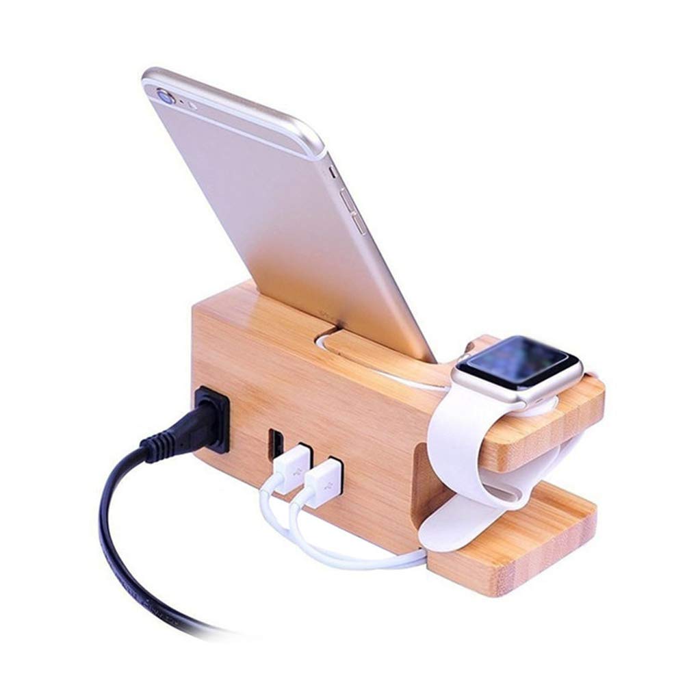 3-Port Usb Charger Stand, Desktop Bamboo Wood Charging Station Any Smart Cellphone with Any Case - for Office, House and Travel with Unique Flat
