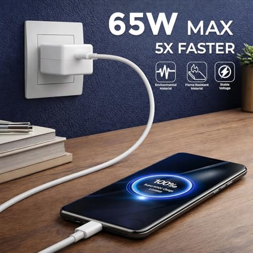 Image of MAK 65W SuperVOOC Fast Charging Adapter with USB to Type-C Cable(White), Compatible with OnePlus 11R, Nord 3, Realme GT Series and Other USB-C Devices.