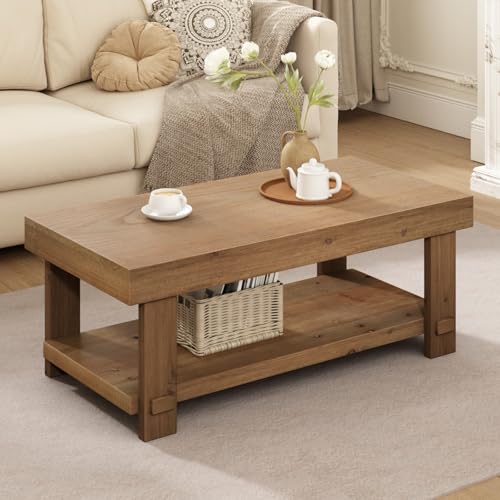 WINWY Solid Wood Coffee Table - 42.5' Farmhouse Rectangle Coffee Table Thickened Firwood Tabletop...