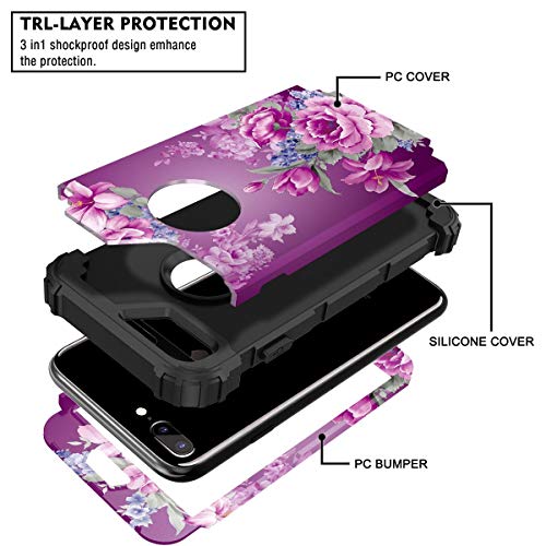 Lontect For Iphone 8 Plus Case, Iphone 7 Plus Case Floral 3 In 1 Heavy Duty Hybrid Sturdy High Impact Shockproof Protective Cover Case For Apple Iphone 8 Plus/Iphone 7 Plus, Black/Purple Flower #TOP1
