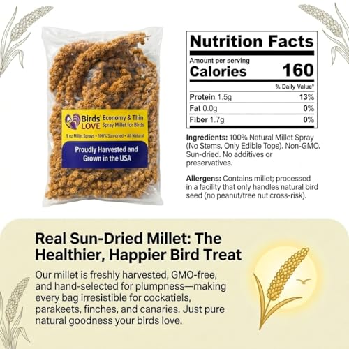 9 oz Spray Millet for Birds – GMO-Free, No Stems (Only Edible Tops) – 100% Natural Sun-Dried Foraging Treat for Cockatiels, Lovebirds, Parakeets, Finches & Canaries - Image 3