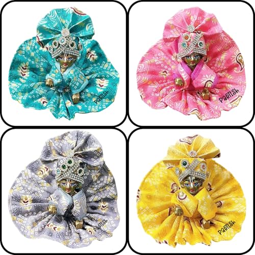 Image of Partish Laddu Gopal Summer Dress with Pagdi (Pack of 4) l Ladoo Gopal Cotton Dress l Kanha Ji Poshak Size 0 1 2 3 4 5 6 (Design E, Size 3)