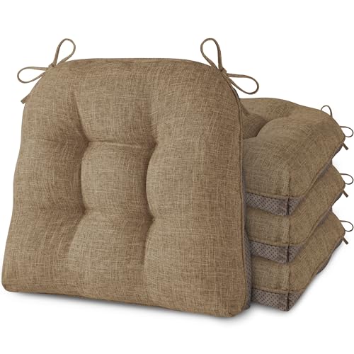 Image of AddGrace Chair Cushions for Dining Chairs Set of 4 Kitchen Seat Cushions with Ties and Non Slip Backing Tufted Indoor Seat Pad for Kitchen Dining Room 18 inch x 17 inch x 3 inch Light Brown