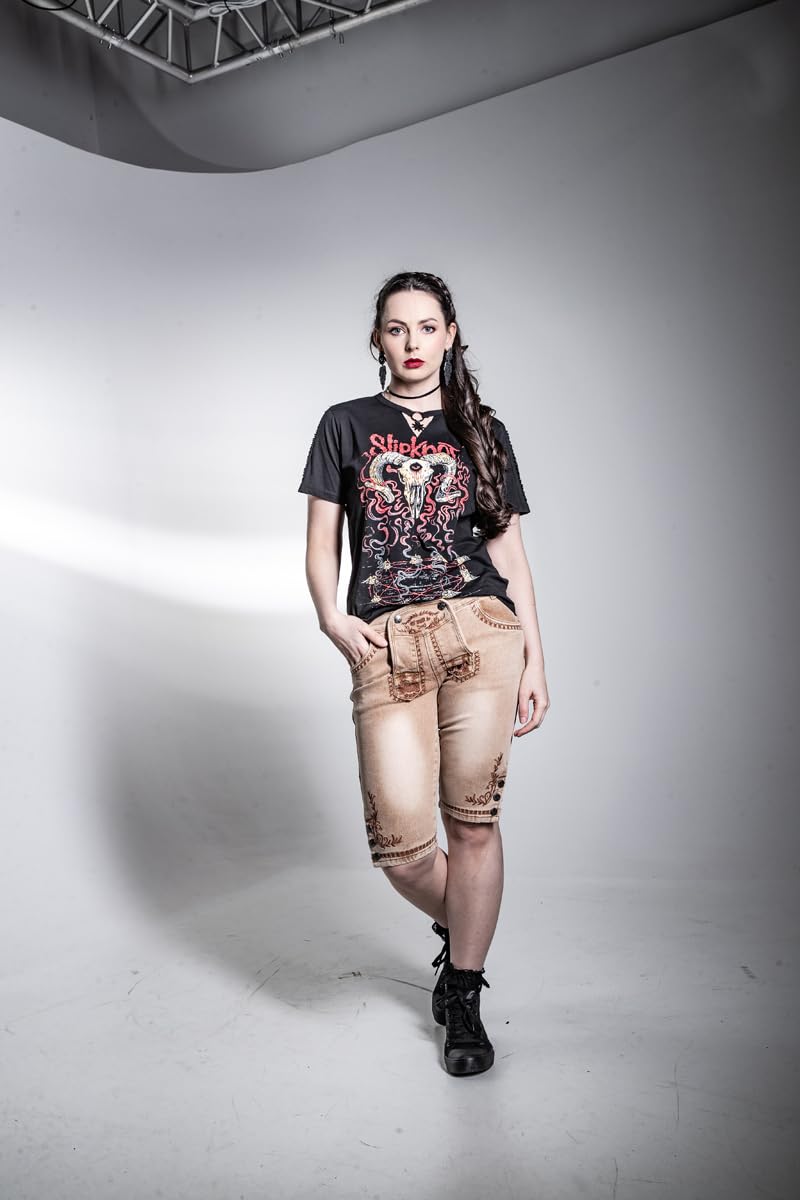 EMP Special Collection Damen beige Oktoberfest Denim-Short mit Schnürung und Stickerei