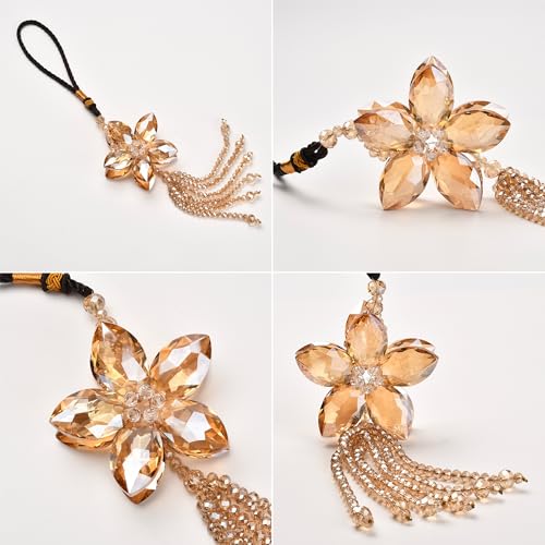 Image of AuMoHall Crystal Flower Rear View Mirror Pendant Car Hanging Ornament Lucky Charm with Dangle Beads, Champagne