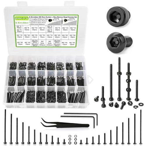 K Kwokker 2060 x M2 Screw Kit 4MM to 40MM, M2 Socket Head Screws & Button Head Screws, Upgraded Zinc Plated Screws Assortment Kit w/Nuts and Bolts, Washer and Lock Washers, Black Machine Screw