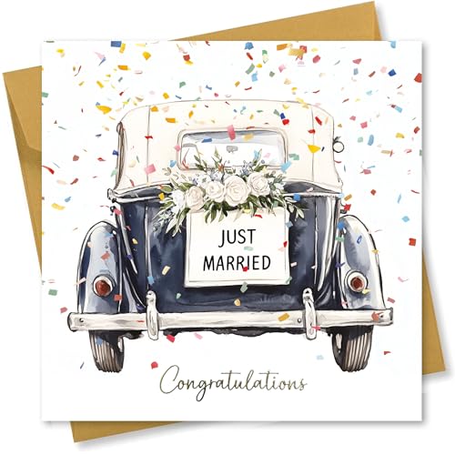 Wedding Card for Bride and Groom. Congratulations on your Wedding Day. Classic Car Design with Gold Foiled text. 150x150mm. Supplied with Gold envelope.