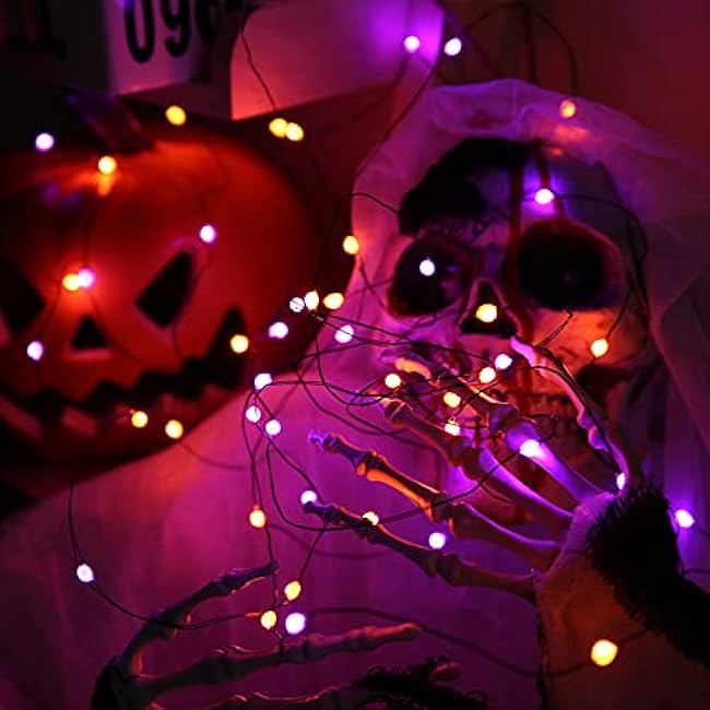 Lomotech Orange Purple Halloween Lights, 2 Pack 16.4ft 50 LED Battery Operated Halloween Fairy Lights with Timer Function, 8 Modes Waterproof Twinkle Lights for Halloween Decorations (Black Wire)
