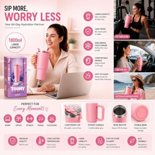 Image of 1800ML Large Plastic Tumbler with Handle & Straw | BPA-Free Reusable Water Bottle with Flip Lid | Leakproof Travel Mug for Gym, Office, College, Car, Outdoor & Daily Hydration Needs. (Pink)
