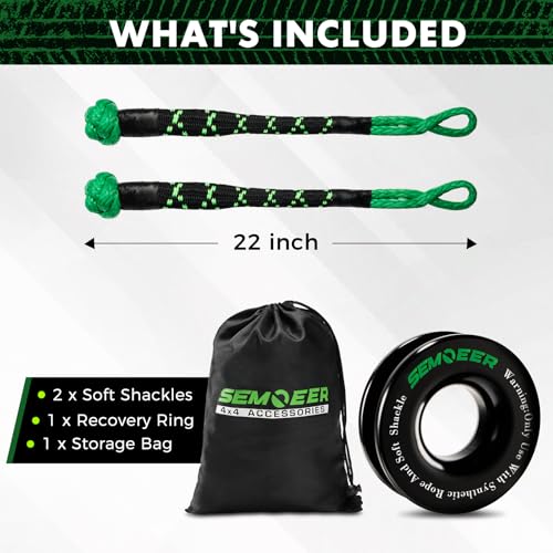 Image of Soft Shackle & Recovery Ring Kit, 1 /2'' x 22'' Soft Shackle Recovery 2 PCS | Max Breaking Strength 56,000 Lbs, with Black Snatch Recovery Ring for ATV UTV SUV Truck Off-Road Vehicle, Green