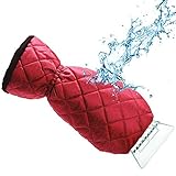 Ice Scraper Mitt For Car Windshield Snow Scrapers with Waterproof Glove Lined of Thick Fleece + Carry Pouch (Red)