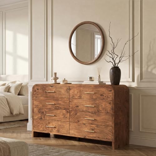 Image of Curved 8-Drawer Dresser for Bedroom, 53.82 inch Wide Modern Chest of Drawers, Vanity Desk TV Stand for Living Room, Closet Storage Drawers Organizer Furniture, Nursery, Hallway, Dark Burl