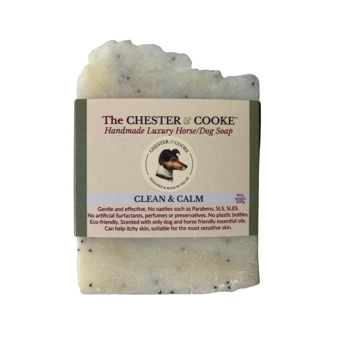 Solid Bar of Handmade Horse & Dog Soap by Chester & Cooke - Soap on a Rope For Dogs & Horses - Horse Shampoo For Sensitive Skin - Choice of Scent & Size (100g, Clean & Calm)