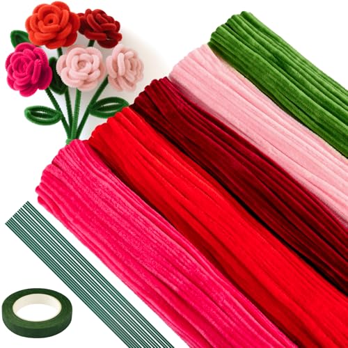 ASTARON 521 Pcs Pipe Cleaners Craft Set 5 Colors Pipe Cleaners Bulk Pastel Chenille Stems for Craft Pipe Cleaner Flowers Making Kit with Floral Wires Gardening Tape (Red Pink Series)