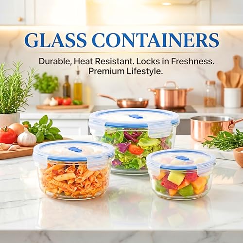 Image of ALTITUDE Borosilicate Round Glass Food Container Set with Airtight Locking Lids, 900ml 600ml 375ml, Insulated Tiffin Bag & 120ml Glass Jar, Microwave Oven Freezer Safe