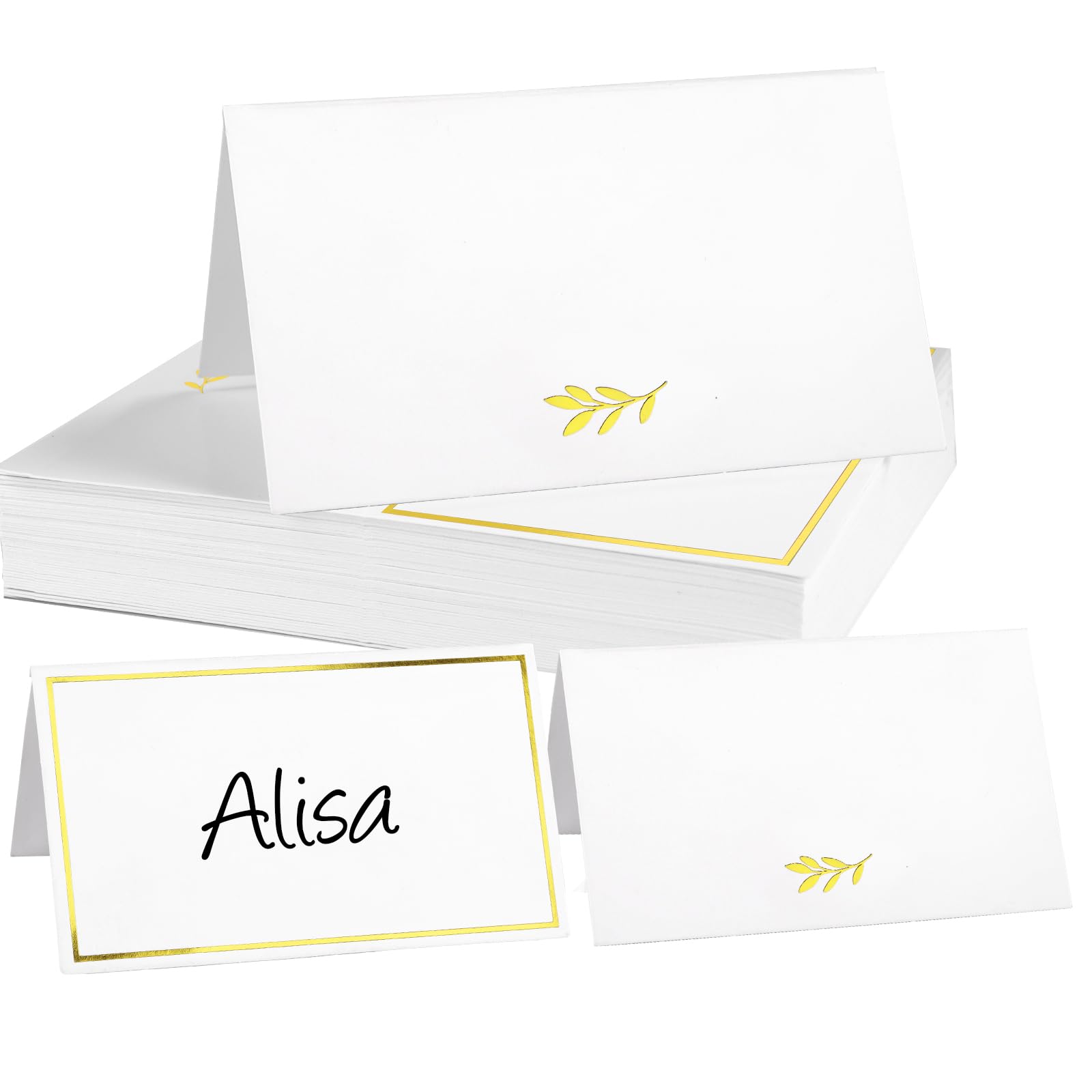 50pcs Place Cards for Table Double-Sided Gold Border Leaf Design Folded Tent Name Cards for Table Setting Wedding Birthday Dinner Party