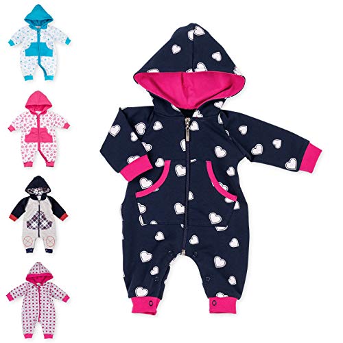 Baby Sweets Baby Overall Jumpsuit mit Kapuze für Mädchen in Pink Weiß Schwarzblau im Herz-Motiv/Babystrampler als Overall für Baby und Kleinkind für Outdoor und Indoor in Größe: 6 Monate (68)
