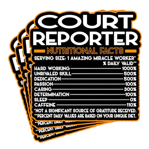 (4Pcs) Court Reporter Vinyl Decal Sticker – Nutritional Facts Quote for Laptops, Water Bottles, Cars, Bumpers, Toolboxes – Gift for Coworker, Office, Birthday, Christmas – Waterproof Vinyl, Easy Peel