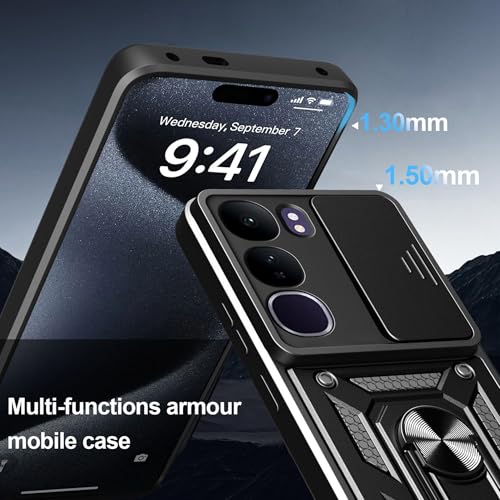 Image of Heavy Duty Back Case Cover for Realme C85 5G, Shockproof Realme C85 Back Cover, Ring Case with Kickstand and Camera Protection Shutter - Black