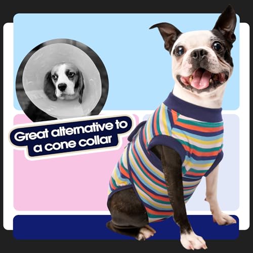 Image of FUAMEY Recovery Suit for Dogs After Surgery,Soft Breathable Dog Bodysuit E-Collar & Cone Alternative Surgical Suit,Male Female Dog Neuter Spay Suits Anti Licking Wounds Onesie Dark Blue Stripes XXL
