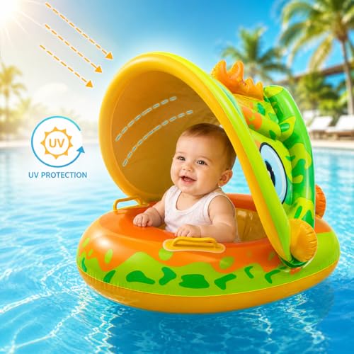 Image of Baby Pool Float with Canopy & Sunshade, Inflatable Infant Swimming Float Ring Seat with UV Protection, Safe Baby Swim Trainer for Pool & Beach (6-36 Months)