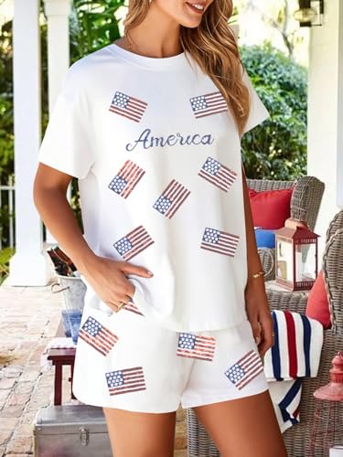 Image of VILOVE 4th of July 2 Piece Sequin Outfits Women Star Stripe Shirts and Short Sets Casual Patriotic Shirt Summer Set