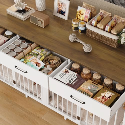 HOSTACK Double Dog Crate, 71"W Indoor Dog Kennel Furniture for 2 Dog, White | 3 Drawers for Easy Storage, Heavy-Duty Cage, Removable Divider, Slide Bolt Latch, Modern Farmhouse Pet House for XL/XXL Dogs - Image 5