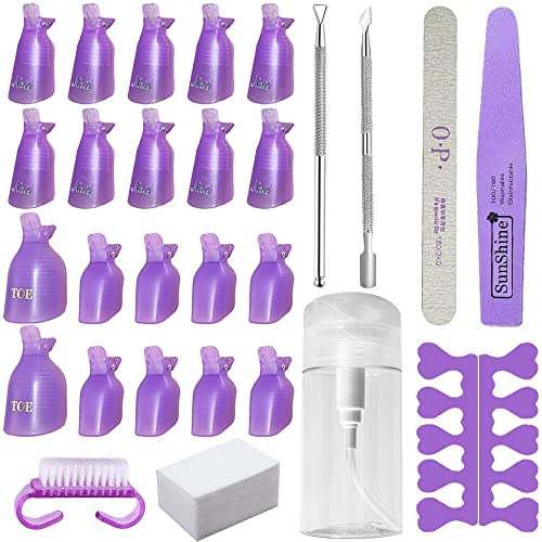 Gel Entferner Tools,Nagellackentferner Clips,Zehen Nagel Clips,Finger Spreader,2 Polierfeilen,Nagelhautschäler und Nagelhautschieber,Pinsel,Spenderflasche für Nagelentferner Nagelhautschieber Maniküre Cover