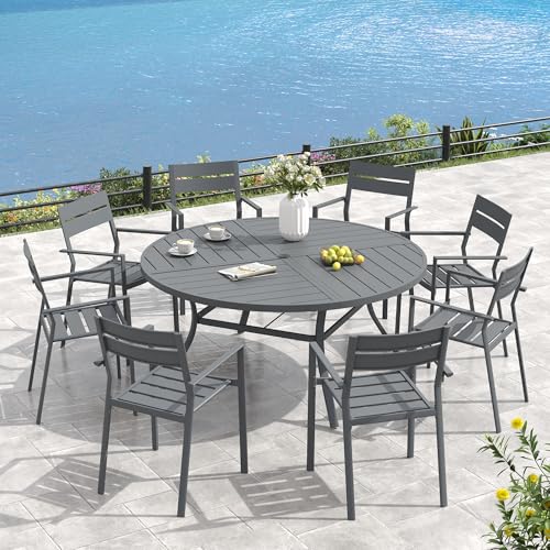 Image of VICLLAX 53 inch Round Outdoor Table, Patio Dining Table for 8 with Umbrella Hole for Garden Lawn Deck Backyard, Dark Grey