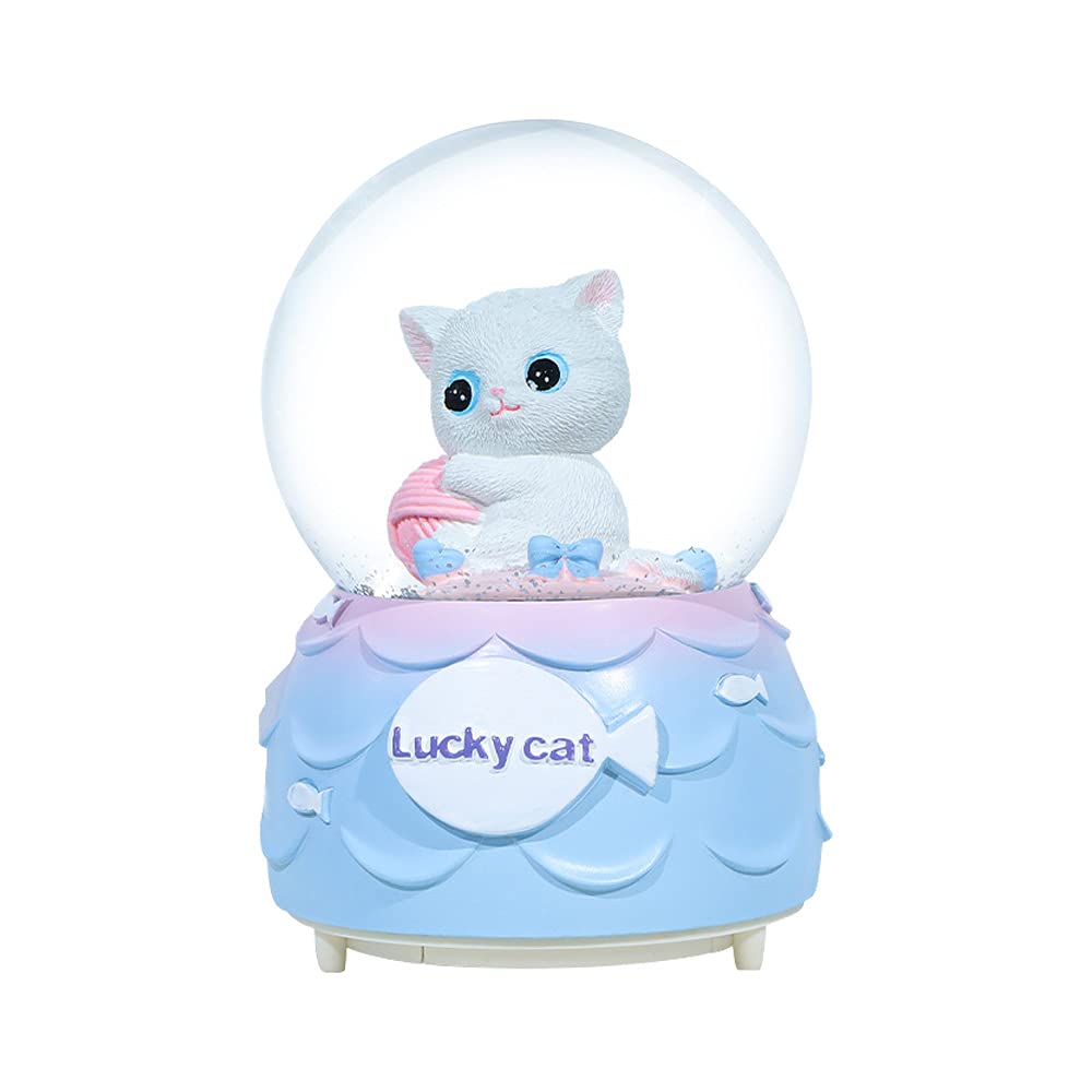 Lucky Cat Musical Snow Globe for Kids, 80MM Animal Resin/Glass Snow Globe with Color Changed Lights for Home Decor & Shelf Decorations (B#)
