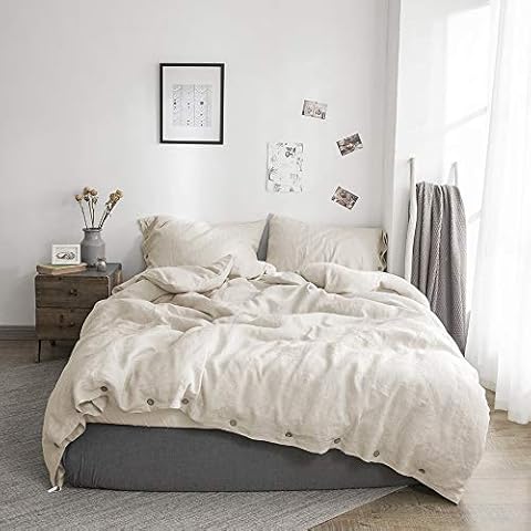 Simple&Opulence 100% Pure Linen Duvet Cover Set with Coconut Button Closure, 3 Pieces Soft Home Accessories Bedding with 1 Comforter Cover and 2 Pillowcases(Super King 260cm x 220cm,Linen) Cover