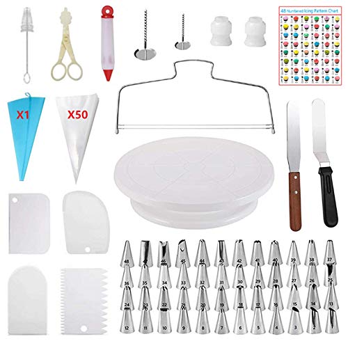 ANSLYQA 115 Pcs Cake Decorating Kit with 1 Cake Turntable & Leveler,48 Numbered Icing Piping Tips,51 Pastry Bags,2 Spatulas,3 Comb Scrapers,1 Smoother,2 Flower Nails,1 Flower Scissor