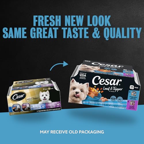 Image of Cesar Loaf & Topper Wet Dog Food, Chicken & Filet, 3.5 oz, 12 Count, 2-Pack | Real beef or chicken #1 ingredient, no fillers or added sugar, no artificial flavors, complete & balanced, easy peel trays