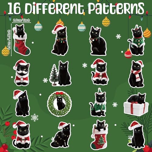 Image of Christmas Black Cat Stickers - 600 Pcs Christmas Black Cat Waterproof Vinyl Reusable Laptop Stickers Coloring Book Scrapbook Water Bottle Page Activity Pad Party Favors Skateboard Giftwrap