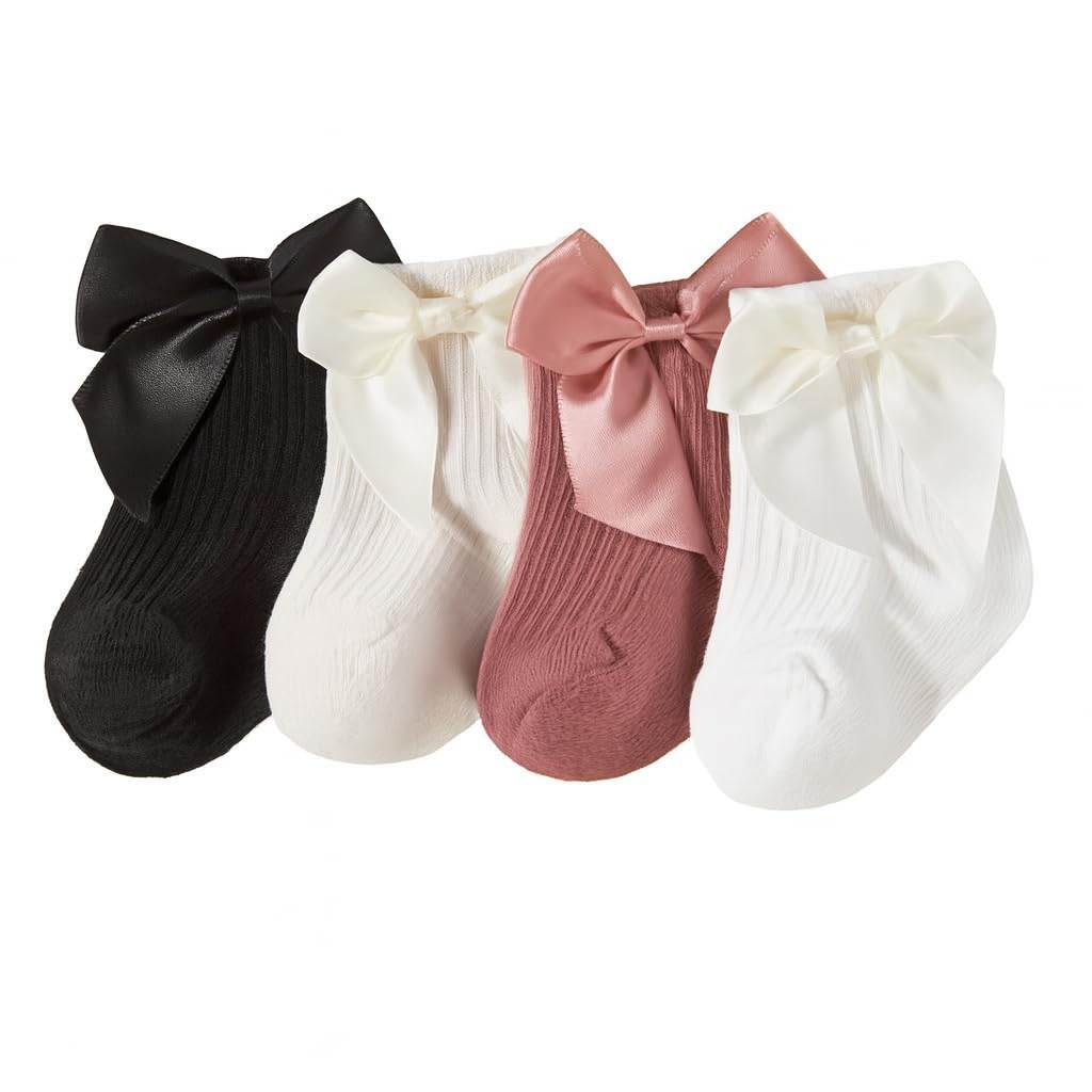 Baby Girls Cotton Socks, Multicolors, Cotton Blend, Ankle Length, Breathable, Soft with Bow Design, 4 Pairs-image-40