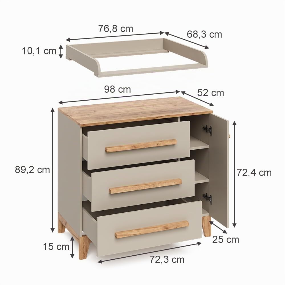 VitaliSpa Wickelkommode Malia, Cashmere/Artisan, 98 x 98 cm | mit 1 Tür & 3 Schubladen, mit Wickelauflage und abnehmbarem Aufsatz zur Reinigung