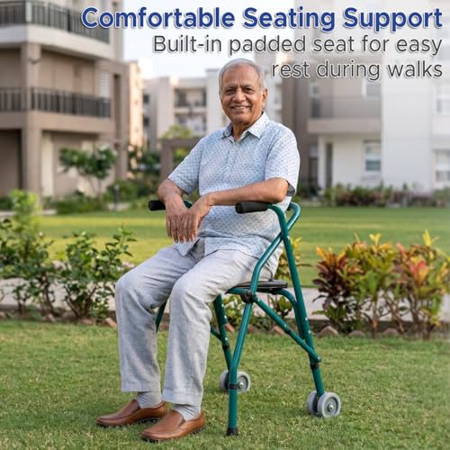 Image of Kosmocare Premium Imported Folding Comfort Walker With Seat Incl. 2 Pairs Of Dual Front Wheels
