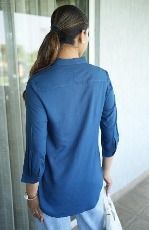 Image of Mlada Hemline Solid Shirts for Women | 3 /4 Sleeves Classic Rayon Shirt for Office Wear | Collared Neck Shirt for Girls | Regular Fit Shirts | Smart Formal Button Down Shirt for Women