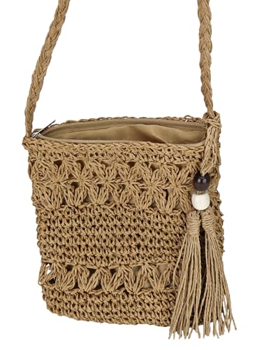 Women's Straw Woven Crossbody Shoulder Bags Summer Beach Boho Crochet Handbag Purse with Tassel Chain4
