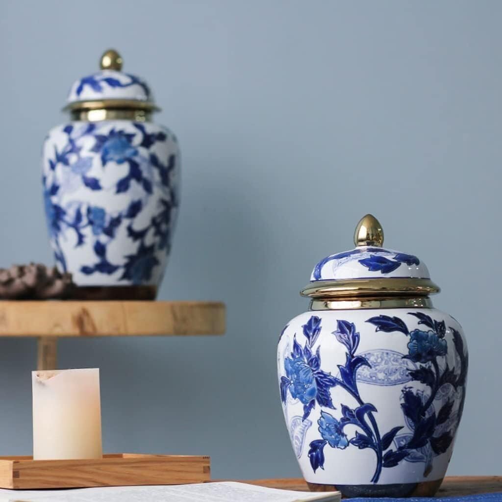 Food Storage Jar,Decorative Jar Ginger Jar Vase Decor Ceramic Flower Vase Ginger Jars with Lid for Home Decor Blue and White Decorative Elegant Vase Ginger Jars Storage,A-19.5 * 28Cm