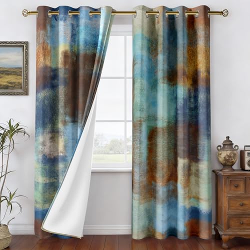 Image of Asuexpect Abstract Curtains 2 Panels Abstract Rust Curtain Room Darkening Grommet Window Treatments Modern Decorative for Bedroom Living Room, 52x63 Inches, Blue Rust
