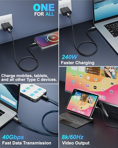 Image of FEDUS USB 4 Thunderbolt 4 Cable 40Gbps 240W [8K@60Hz 4K@144Hz] 100W PD 3.1 Fast Charging Type C To C Display Compatible With iPhone 15 Pro, Macbook, Egpu, SSD 2M, Black