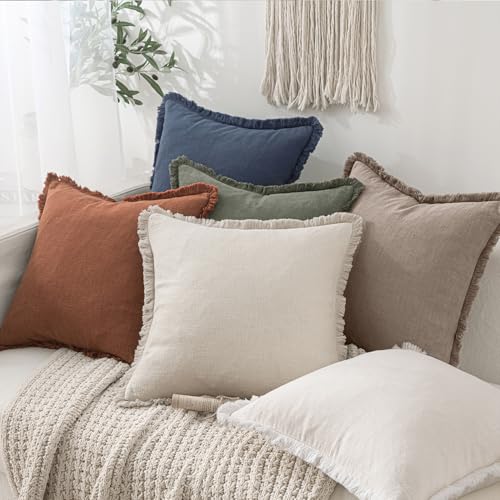 Image of MIULEE Decorative Throw Pillow Covers Neutral Linen Fringe Throw Pillows Euro Shams Set of 2 Dune Boho Farmhouse Cushion Covers for Couch Sofa Bed Living Room Fall Home Decor 22x22 Inch