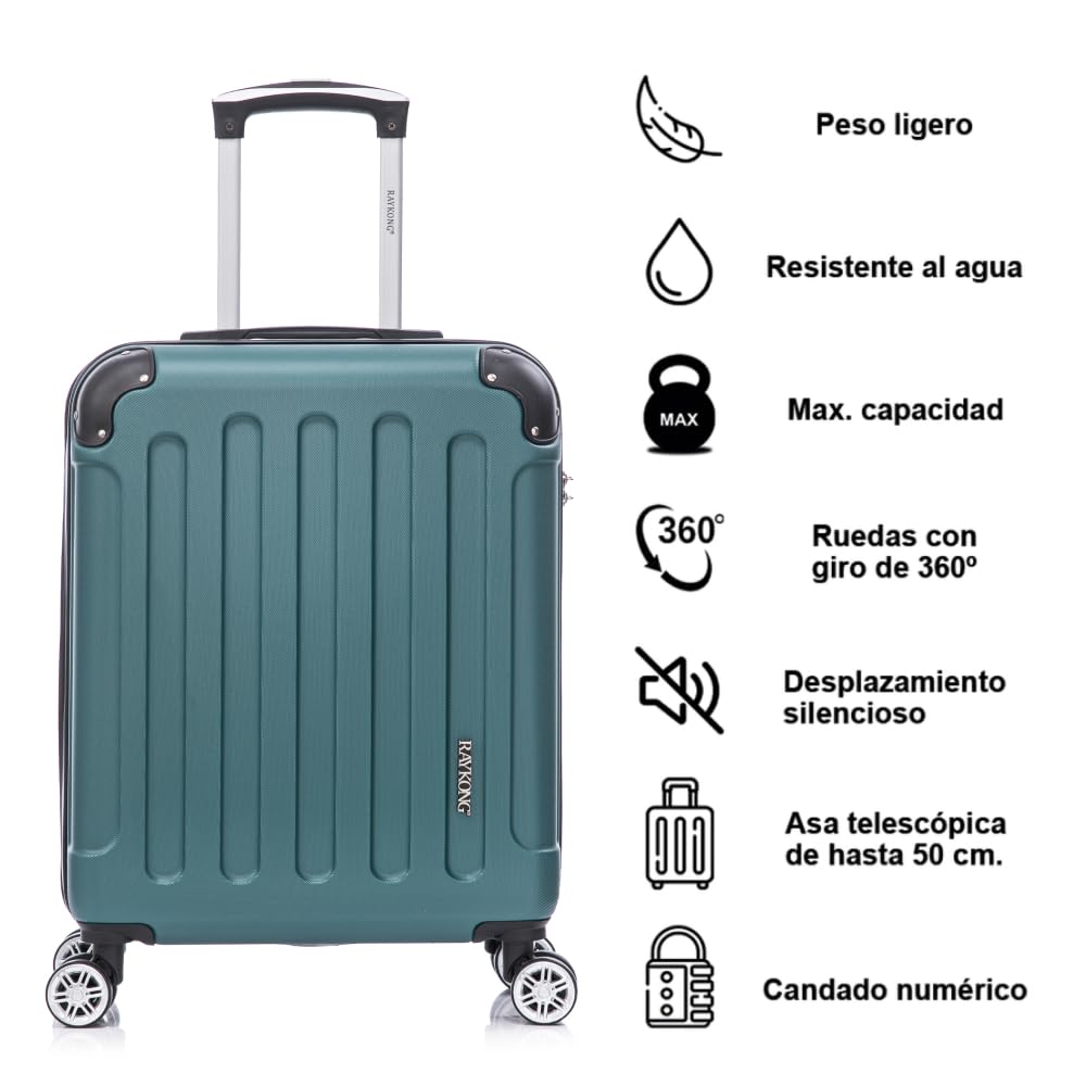RAYKONG Maleta Cabina ABS 55x40x20cm (44L) - Maxima aprovechamiento de Capacidad - 4 Ruedas Giratorias Dobles con 360ª - Candado Incrustado - Verde