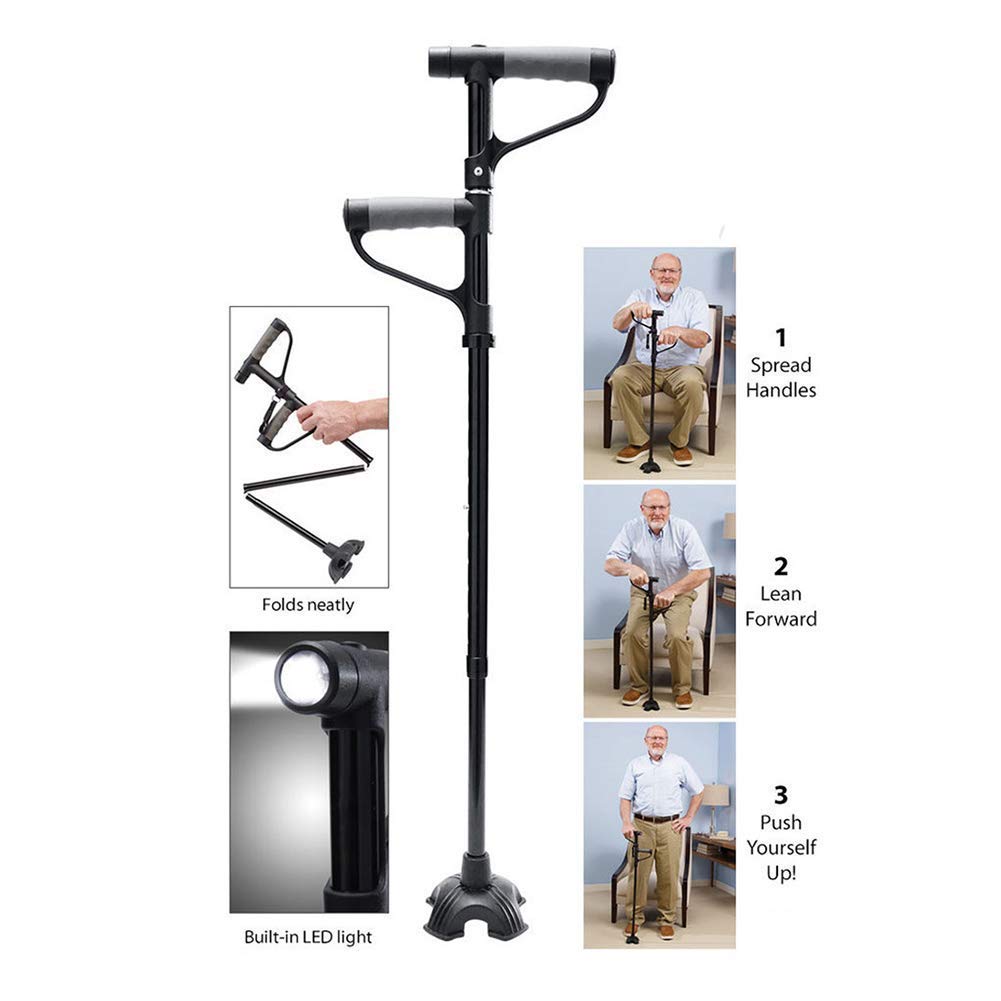 Bastón Plegable, bastón para Caminar con luz LED, Cuatro Patas Antideslizantes/aleación de Aluminio, Mango Doble, Altura Ajustable 86-98 cm, para Acampar, Escalar, Correr, muletas Times