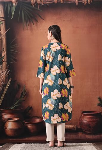 Image of Ichaa Women's Pure Cotton A-Line Ethnic V-Neck Kurta with 3 /4th Sleeve for Daily and Office Wear, in Plus Sizes