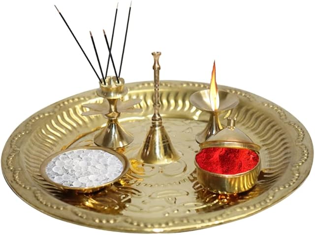 DEVKI Pooja Thali Set Of 2 Pcs Indian Decorative Puja Items Aarti Plate For Temple, Wedding Home Décor Mandir Brass Tika Thali Diwali Decoration Gifts