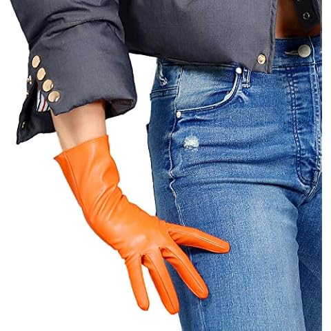DooWay Women Gloves Faux Lambskin Leather Orange Super Long/Elbow Length/Short for Opera Evening Costume - Orange - 28 cm Cover