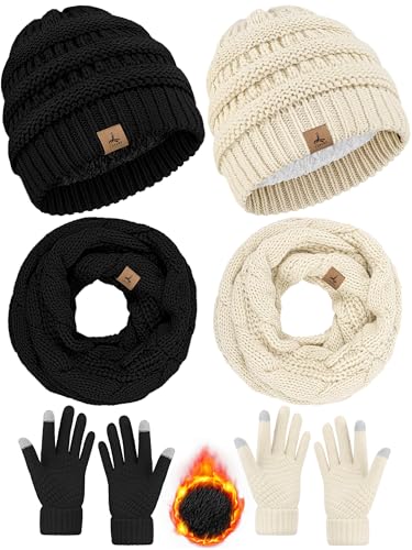 Winter Beanie Hat Scarf Gloves, 2 Set Warm Fleece Knit Winter Hats Touch Screen Gloves Neck Scarf Set Winter Gifts Women